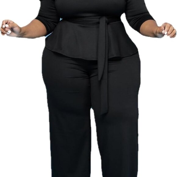 Elegant Plus Size 2 Piece Wide Leg Pants Set with Belt - X-Large Comfort - Picture 1 of 3